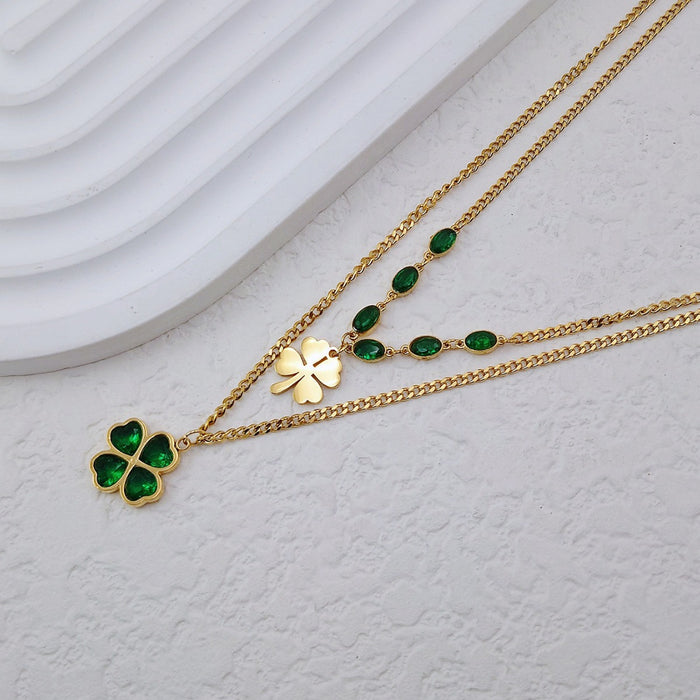 Wholesale Titanium Steel Green Zircon Flower Double Layer Lucky Clover Necklaces JDC-NE-Yiran010