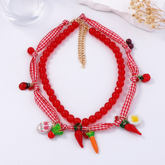 Wholesale beaded rope alloy glass three-dimensional fruit pendant necklace