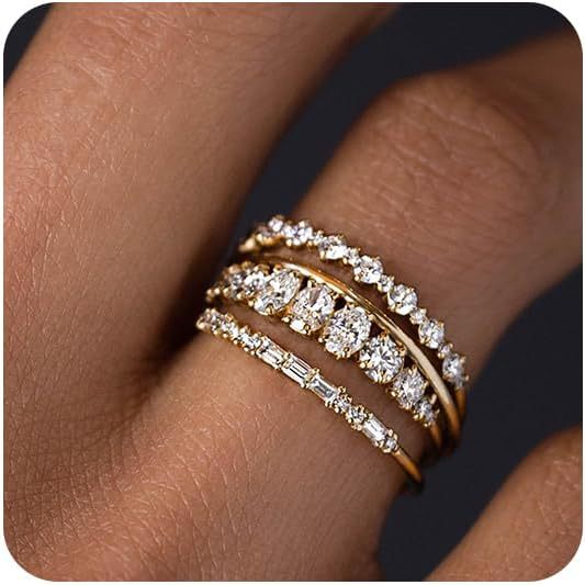 Wholesale Minimalist Broken Diamond Sparkling Zircon Versatile Genuine Gold Plated 4-piece Set Finger Ring Wholesale