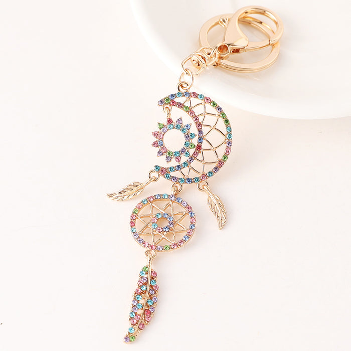 Wholesale Rhinestone Moon Dream Catcher Keychain Bag Charm Alloy Pink Car Accessory Gift MOQ≥2