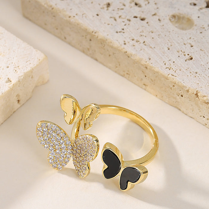 Wholesale Diamond-Encrusted Zircon Butterfly Open Ring Adjustable Finger Ring