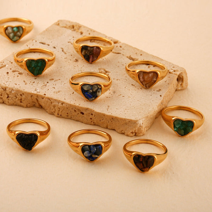 Wholesale Original design, personalized stainless steel ring with natural stone heart shape, high-end feeling, ring color preservation wholesale