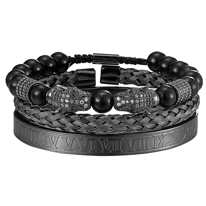 Wholesale Leopard Head Braided Bracelet Stainless Steel Roman Number Bracelet Vintage Style Three Piece Set