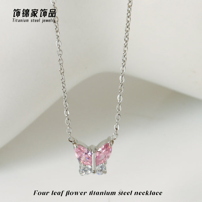 Wholesale Gold Butterfly Zircon Pendant Necklace Titanium Steel Fashion Jewelry MOQ≥2