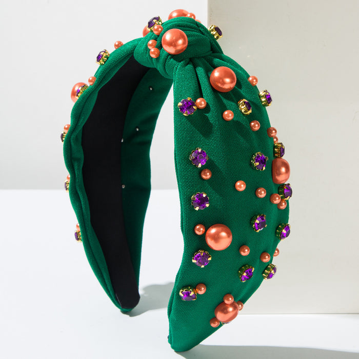 Wholesale Valentine' s Day pearl and rhinestone headband with knotted fabric design