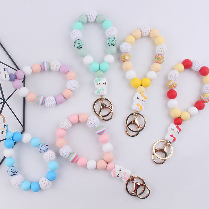 Wholesale Silicone wrist key chain pendant cartoon silicone cat DIY beaded bracelet key ring accessories