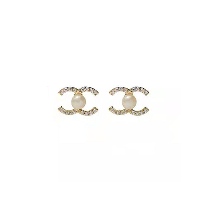 Wholesale Stainless Steel Micro-Inlaid Zirconia Letter Pearl Earrings JDC-ES-Shengh002