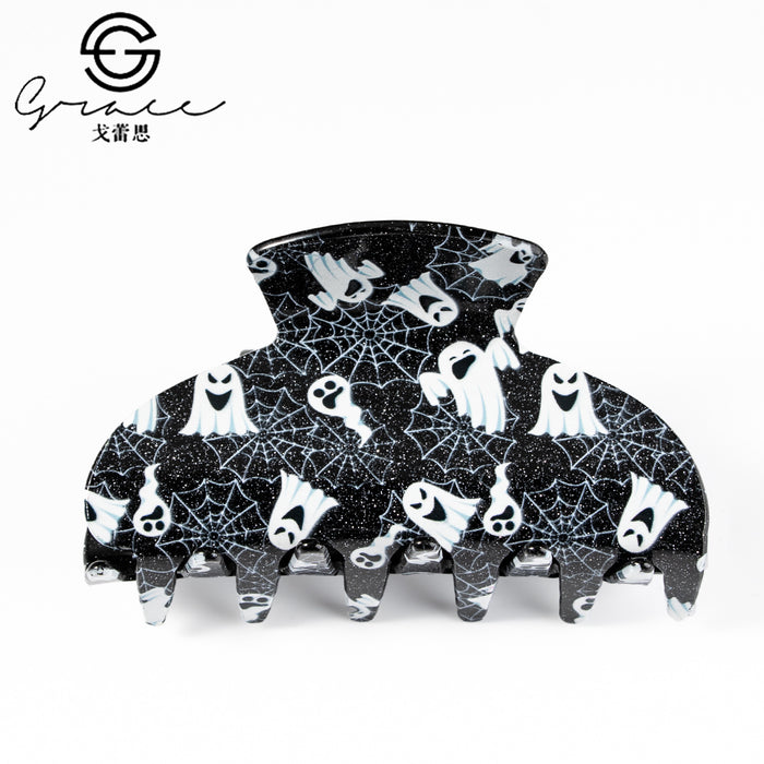 Wholesale Acrylic Claw Hair Clip With Bat Pumpkin Ghost Print Women S Fashion Accessory
