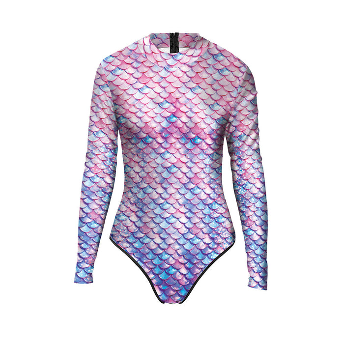 Wholesale Swimsuit digital printed fish scale long sleeved one-piece swimsuit