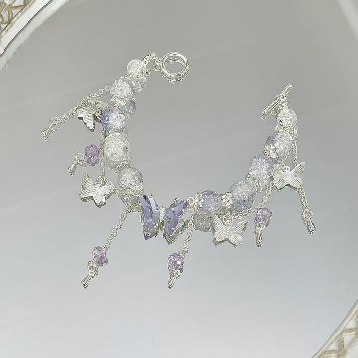 Wholesale Ice transparent purple butterfly tassel bracelet with niche design, handmade bead jewelry