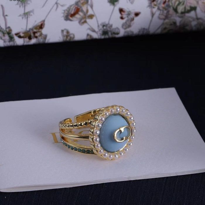 Wholesale Alphabet Pearl Adjustable Ring Brass Material Rhinestone Ring