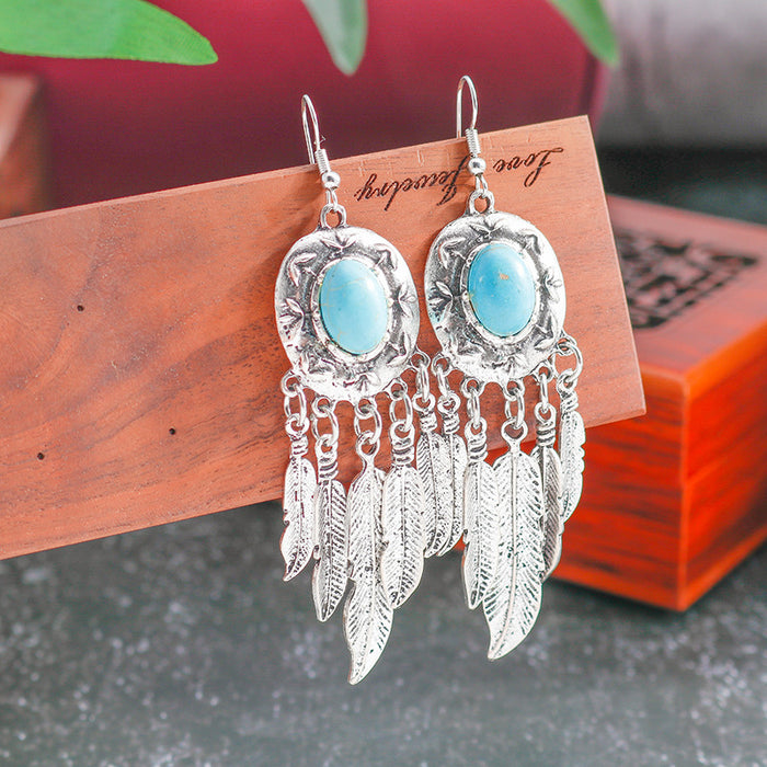Wholesale Bohemian style turquoise tassel and feather earrings