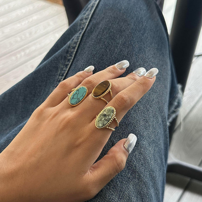 Wholesale Oval Blue Turquoise Tiger Eye Stone African Pine Adjustable Open Ring Women's Niche Premium