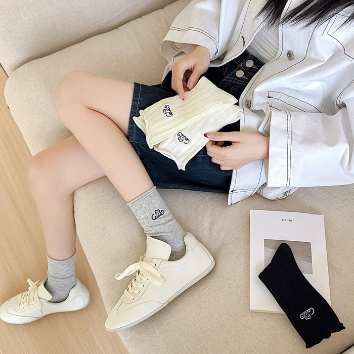 Wholesale Socks, thin, loose mouthed, mid tube, women's socks, embroidered, rolled edges, versatile, stacked, cotton socks