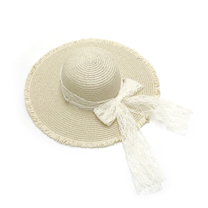 Wholesale Pearl Bow Raw Edge Straw Hat Summer Breathable Lace Streamer Straw Hat