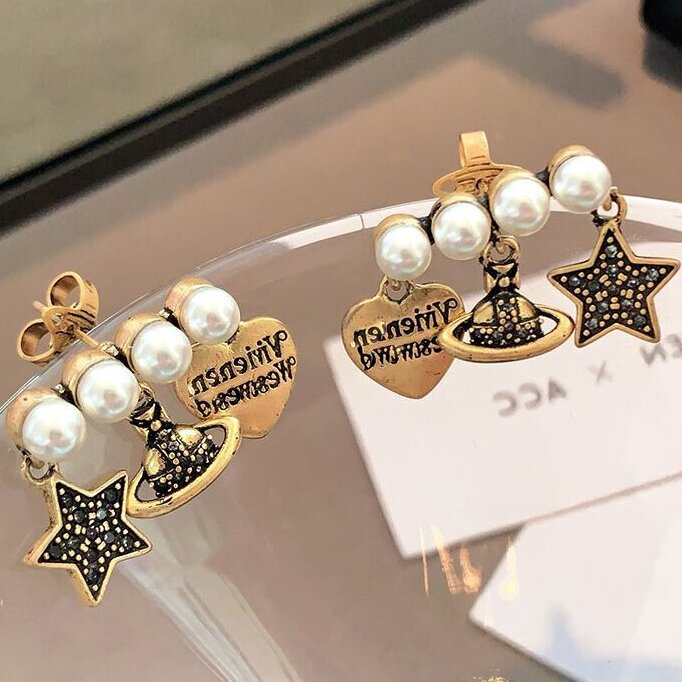 Wholesale Women's Heart Earrings Star Stud Earrings with Enamel Saturn Pendant