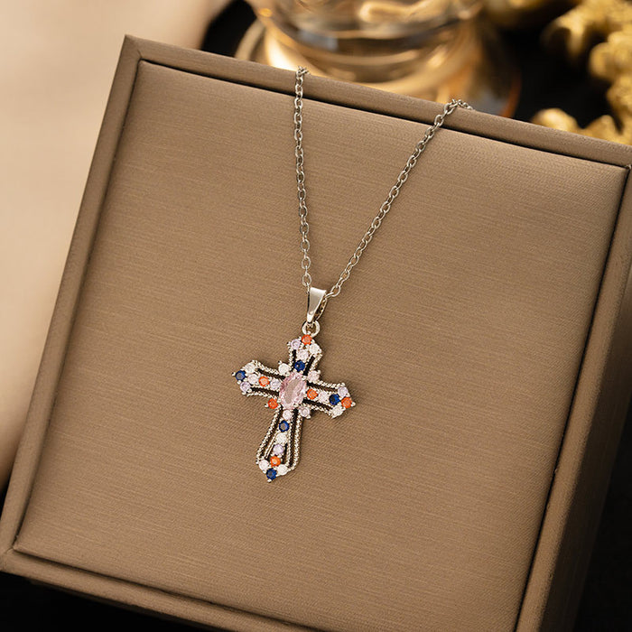 Wholesale Titanium Steel Cross Pendant Necklace Gold Color Zirconium Fashion Accessory MOQ≥2