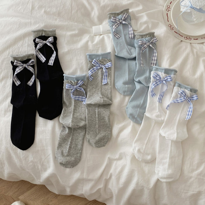 Wholesale Checkered bow socks boneless anti pilling pile socks