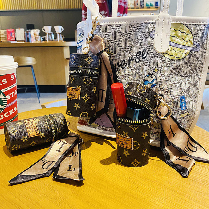 Wholesale New Creative Bucket Leather Keychain Cylinder Lipstick Storage Mini Portable Storage Bag