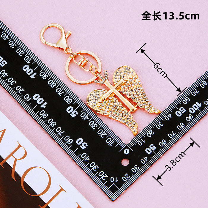 Wholesale Cross car keychain metal pendant keychain ring inlaid with diamonds