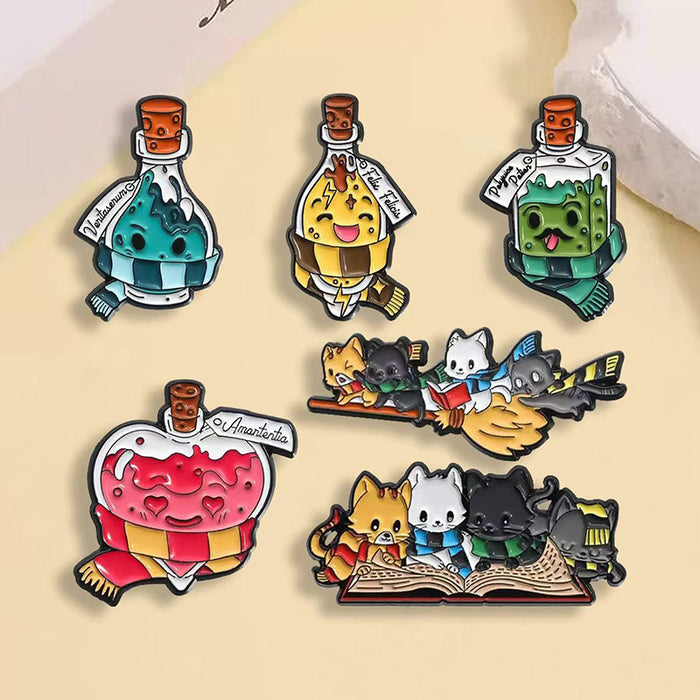 Wholesale Zinc Alloy Baked Enamel Cartoon Brooch Magic Potion Cat Book Bag Charm Decorative Gift MOQ≥2