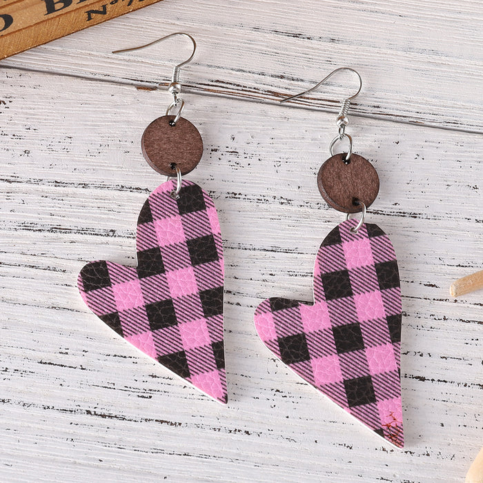 Wholesale  Valentine' s Day Plaid Love Pieces ing Pendant Earrings PU Leather Wooden ing Double-sided Earrings