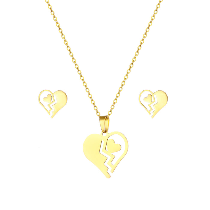 Wholesale Heart shaped heart-shaped stainless steel necklace earring set, fashionable and personalized jewelry set