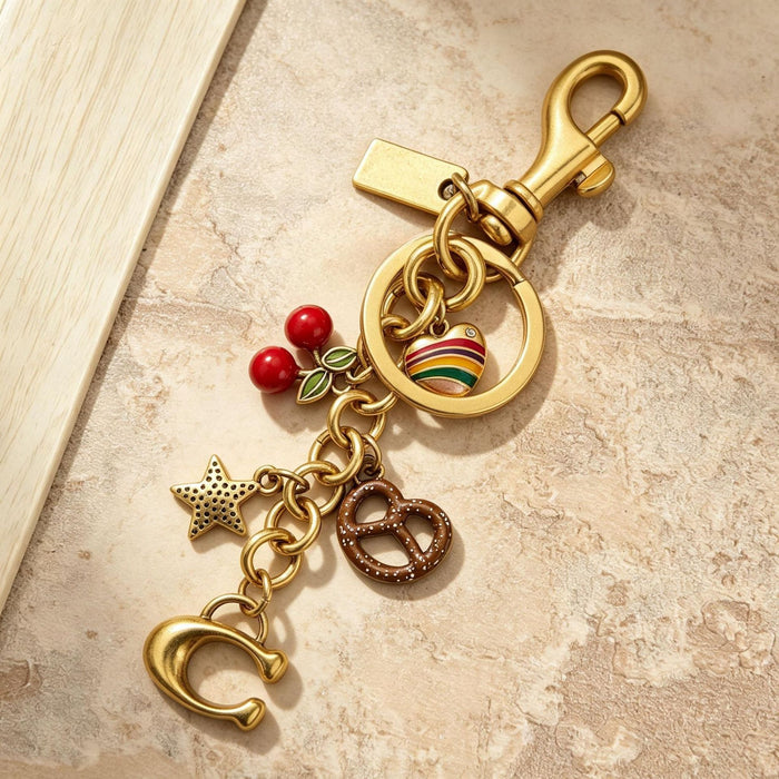 Wholesale Retro Sweet Style Alloy Pretzel Star Pendant Bag Charm Keychain Electroplated Gold Car Key Accessory
