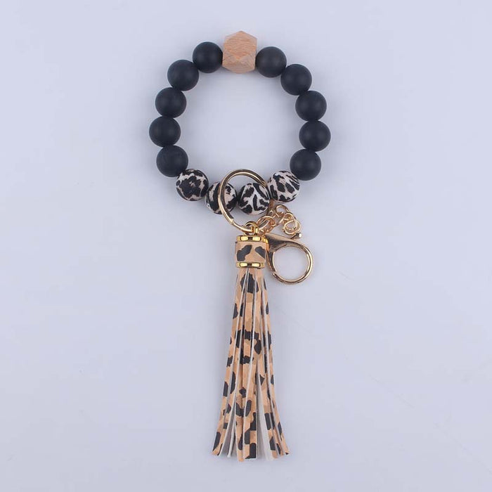 Wholesale Silicone leopard beads wrist keychain pendant leather PU tassel beaded bracelet accessories
