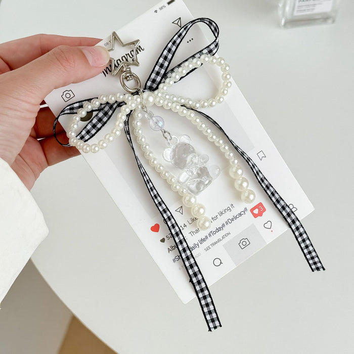 Wholesale Ribbon Bow Mobile Phone Chain Cute Bear Bag Hanging Jewelry Beaded Keychain