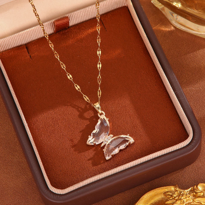 Wholesale Crystal butterfly zircon necklace, niche design, versatile collarbone chain, non fading titanium steel necklace