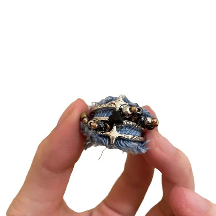 Wholesale Fashionable denim ring with heart opening personality, niche and versatile, retro new style ring