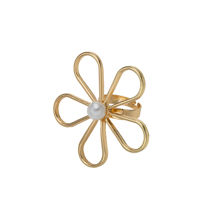 Wholesale Pearl ring set with niche design and hollowed out flower opening ring