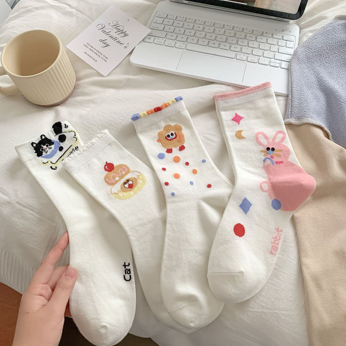 Wholesale Cartoon Cute White Socks Women's Stockings Mid-length Socks Cat Rabbit Student Stacked Socks