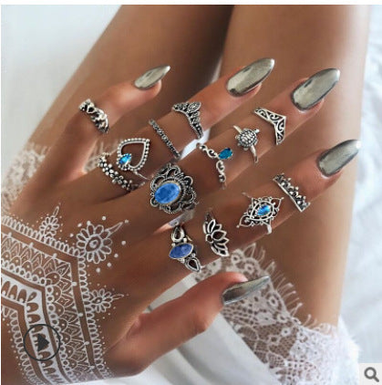 Wholesale Retro Water Drop Pony Carved Unicorn Lotus Hollow Diamond Alloy Ring Set of 13 Pieces JDC-RS-YongG003