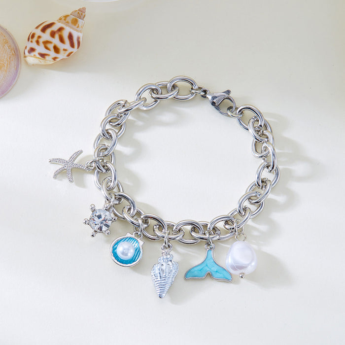 Wholesale Ocean Seashell Starfish Pearl Necklace and Bracelet Set Alloy Electroplated Fashion Accessory