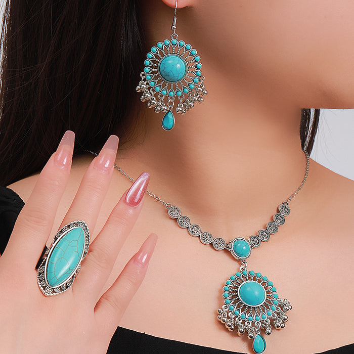 Wholesale Turquoise Necklace Set with Earrings Plant Flower Pattern Layering Jewelry MOQ≥3