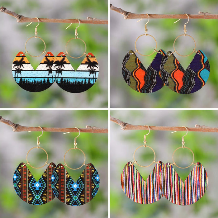 Wholesale Blue dyed printed earrings Bohemian earrings double-sided wooden geometric stripes splicing female earrings