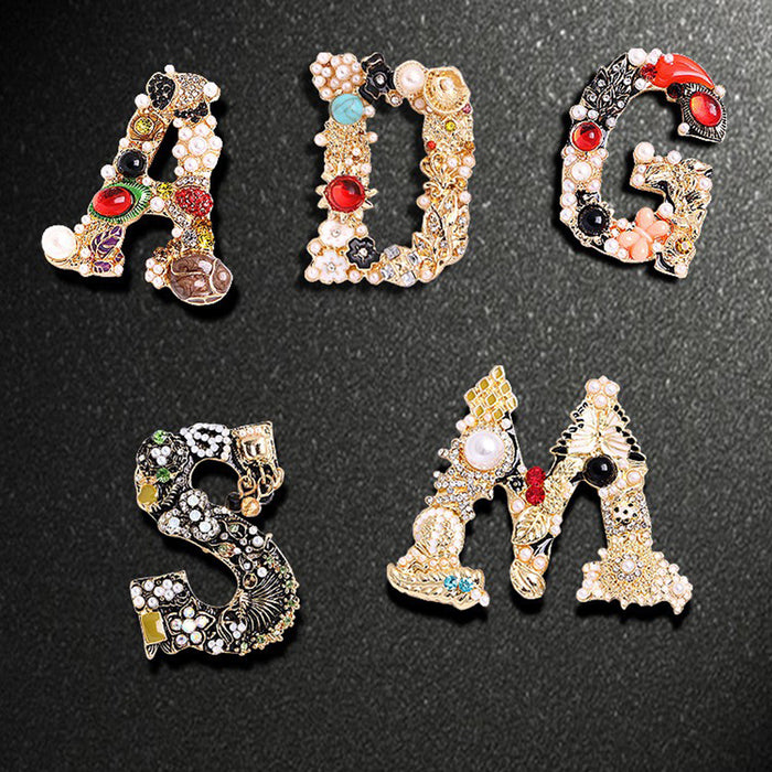 Wholesale Rhinestone letter brooch with diamond and pearl buckle,  dress coat pin to decorate shoes and bags
