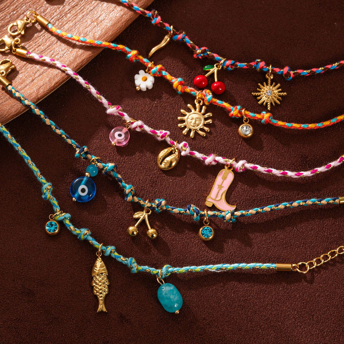 Wholesale Braided Rope Bracelet Sun Cherry Flower Fish Boots Bracelet Titanium Steel