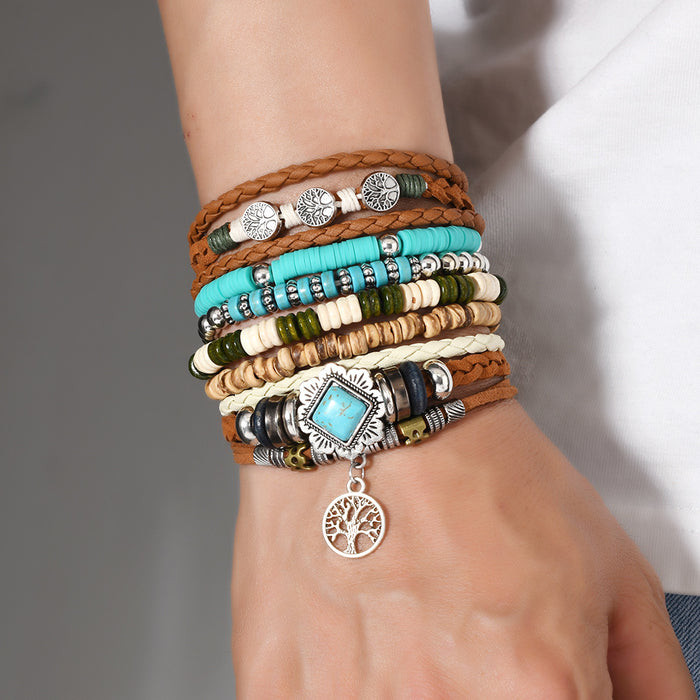 Wholesale Women's Multi layer Beaded Turquoise 6-piece Bracelet New Fashionable Retro Life Tree Jewelry