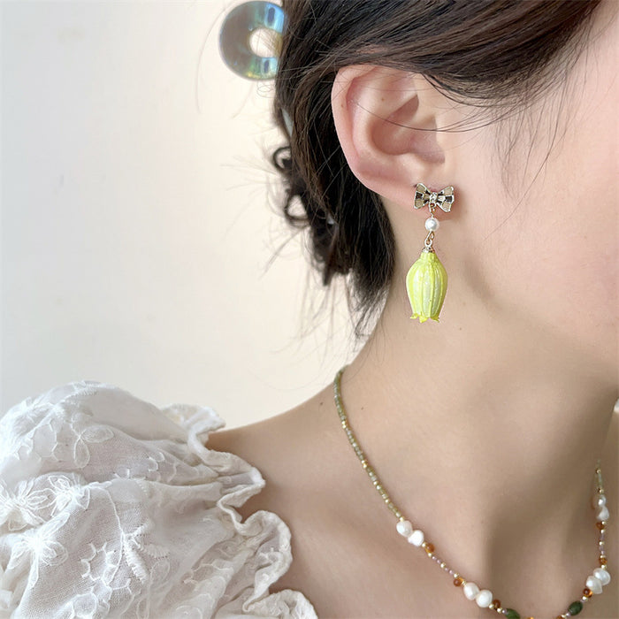 Wholesale Vintage real flower eternal flower earrings, blue wind chime fruit earrings, bell orchid dropper earrings