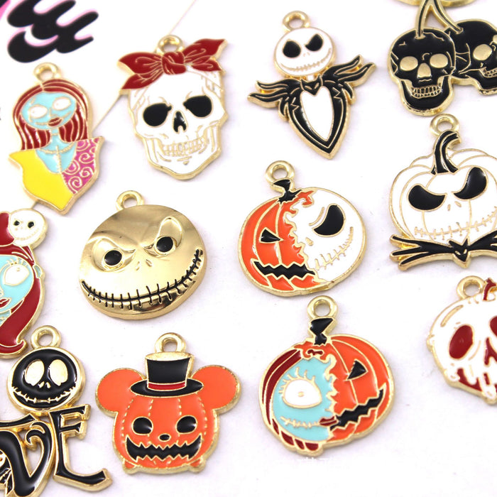 Wholesale 10pcs  Funny Skull Pumpkin Cartoon Accessories Alloy Oil Dropping Pendant Earrings Keychain