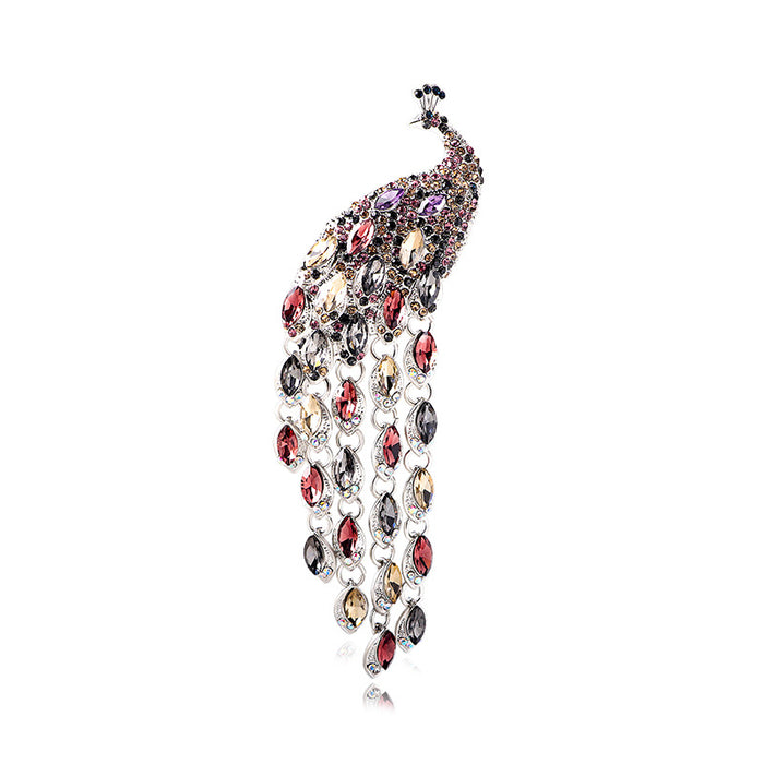 Wholesale Diamond-encrusted Retro large long-tail crystal peacock tassel brooch sweater jewelry
