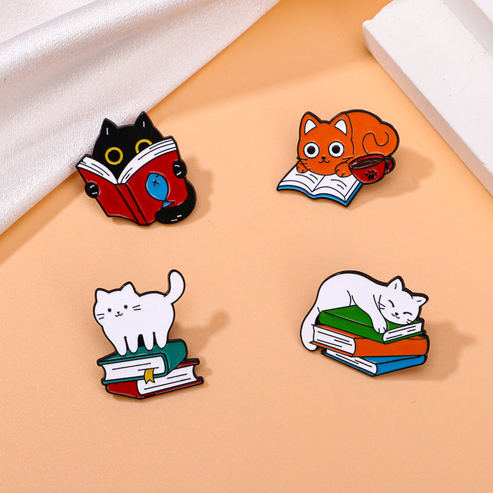 Wholesale Cartoon animal badge metal brooch cute design learning book Cat shape dripping student badge