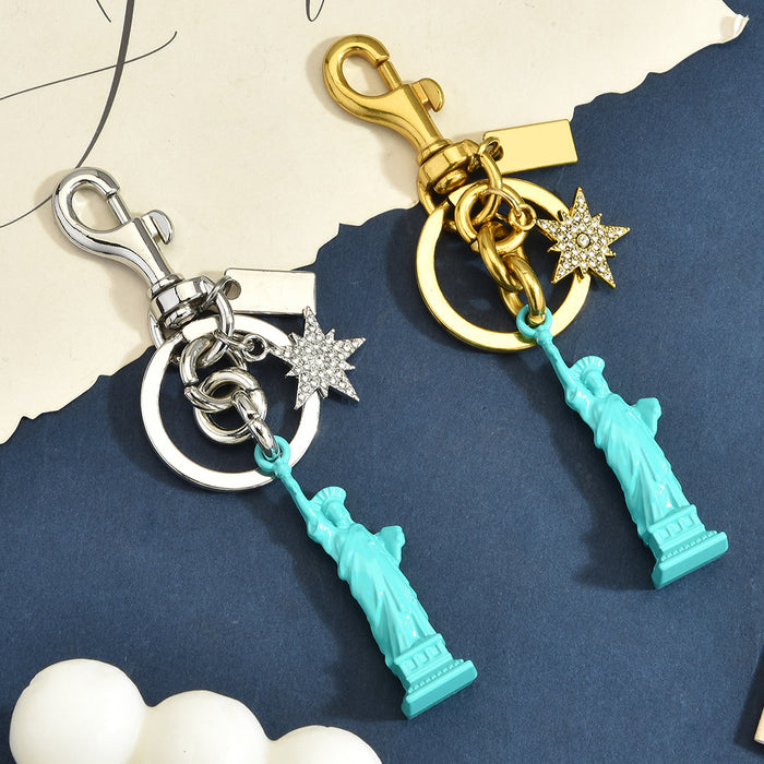 Wholesale Chic Statue Of Liberty Keychain Pendant Light Blue 3D Charm With Rhinestone Star Gold Tone Alloy Bag Accessory