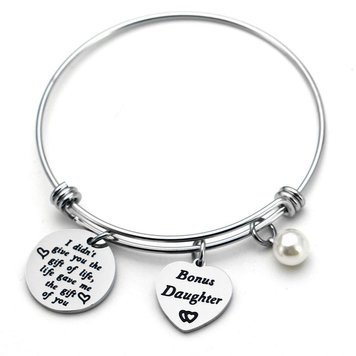 Wholesale Circular hanging tag bracelet, stainless steel heart engraved lettering pendant, round adjustable steel pearl pendant bracelet