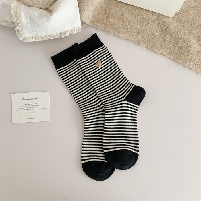 Wholesale Mid length socks, cotton socks, rolled edge striped pile socks, embroidered long socks