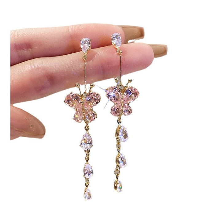 Wholesale Romantic and sweet zircon butterfly tassel earrings with diamond inlay, new niche design, exquisite and versatile ear accessories