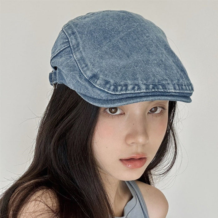 Wholesale Washed denim big brimmed beret, newsboy hat